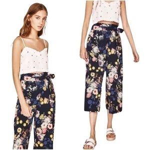 Zara Floral Wide Leg Paper bag High Waist Pants NEW